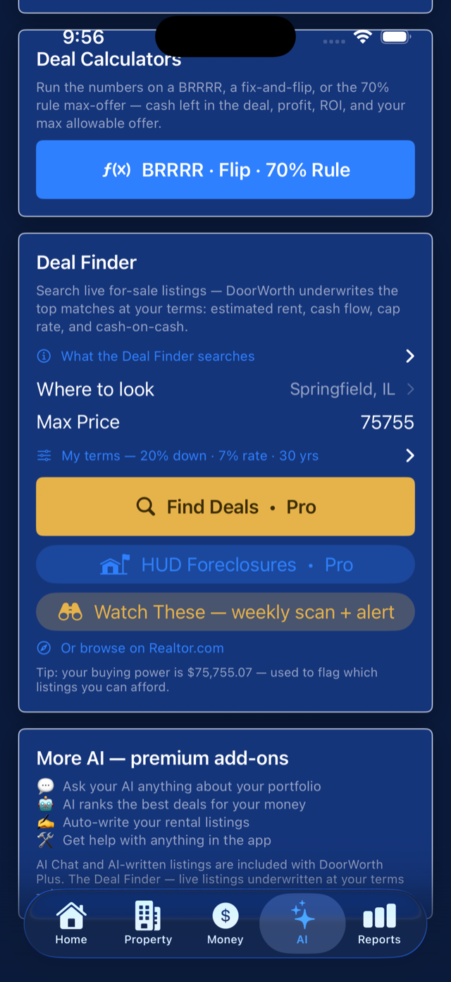 DoorWorth Deal Finder — search listings underwritten at your terms, plus HUD foreclosures