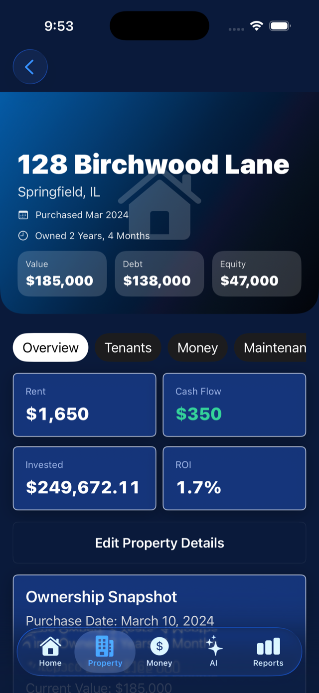 A property's finances — value, debt, equity, rent, cash flow, and ROI